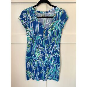 Lilly Pulitzer‎ Women's XS Palmira Tshirt Dress Blue Green Bamboo Bamboom V Neck